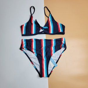 CUPSHE Women's Stripe Bikini Bowknot Shirred Swimsuit size M NWT